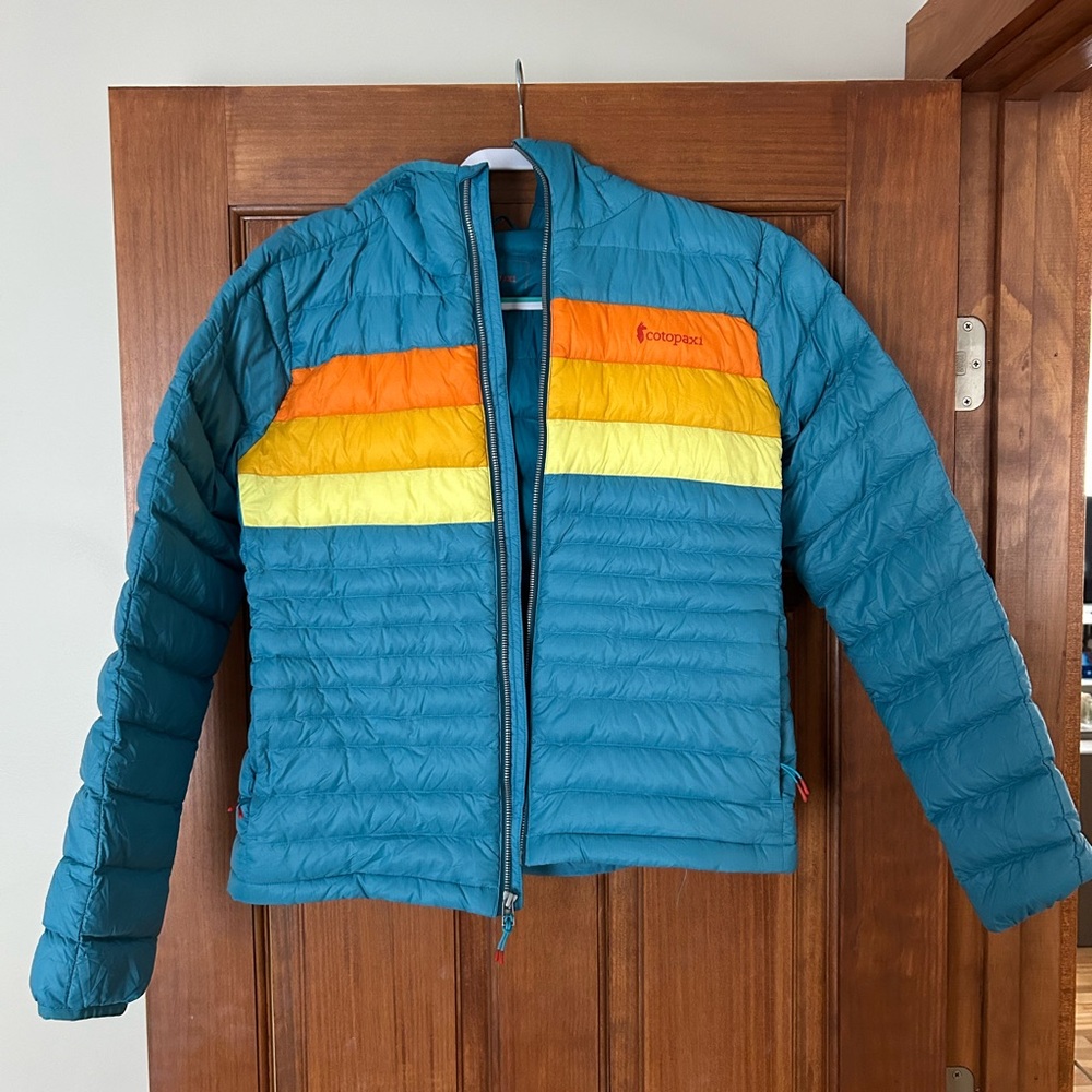 Cotopaxi Fuego Puffer Jacket, blue, orange, like new
